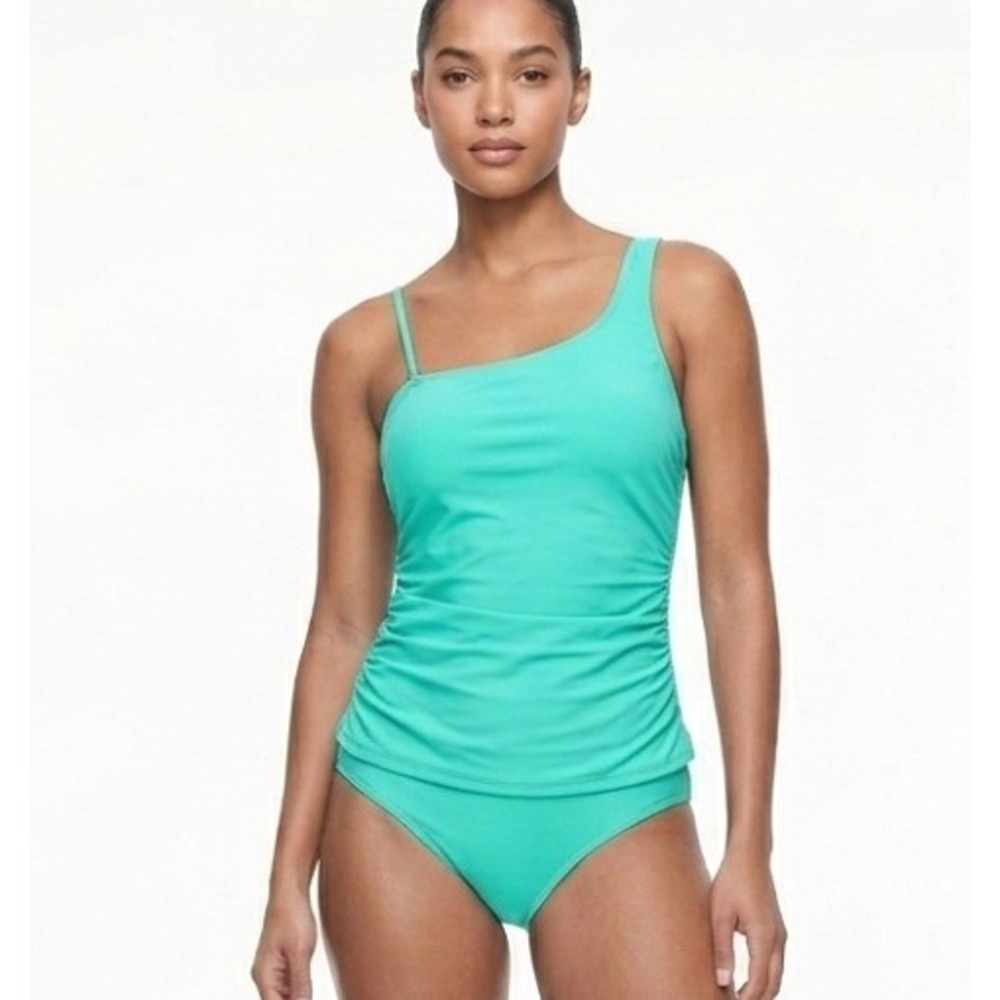 Willit Tankini Swimsuit Women L Teal Green‎ One Shoulder Ruched 2 Piece Set NEW